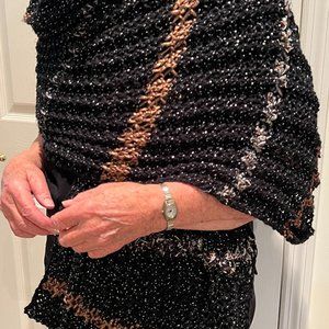 Homemade Dressy Knitted Black Wrap with Copper and Silver Strips